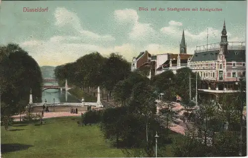 Düsseldorf Blick auf den Stadtgraben mit Königsallee 1910/1907   (gelaufen mit Bahnpost - Bahnpoststempel nur teils leserlich)