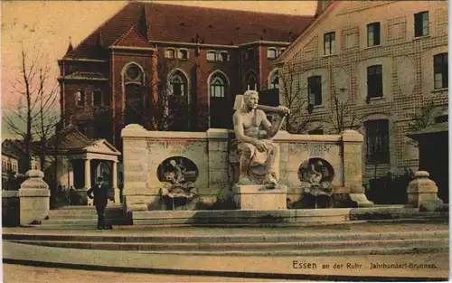 Ansichtskarte Essen (Ruhr) Partie am Jahrhundert-Brunnen color Ansicht 1911   gelaufen mit Stempel ESSEN