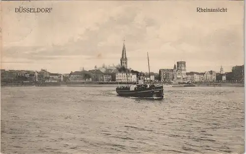 Düsseldorf Panorama-Ansicht Rhein mit kleiner Barkasse (Schiff) 1908/1907