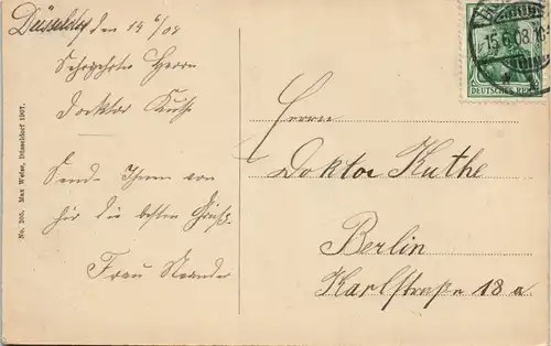 Düsseldorf Panorama-Ansicht Rhein mit kleiner Barkasse (Schiff) 1908/1907