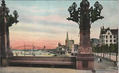 Düsseldorf Rheinpartie Rheinwerft Stadt-Teilansicht color AK 1908