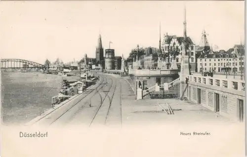 Ansichtskarte Düsseldorf Rheinpartie Schienen-Verlauf Neues Rhein-Ufer 1905