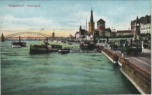 Düsseldorf Rheinwerft Rheinpartie mit Rhein Schiff Verkehr 1910
