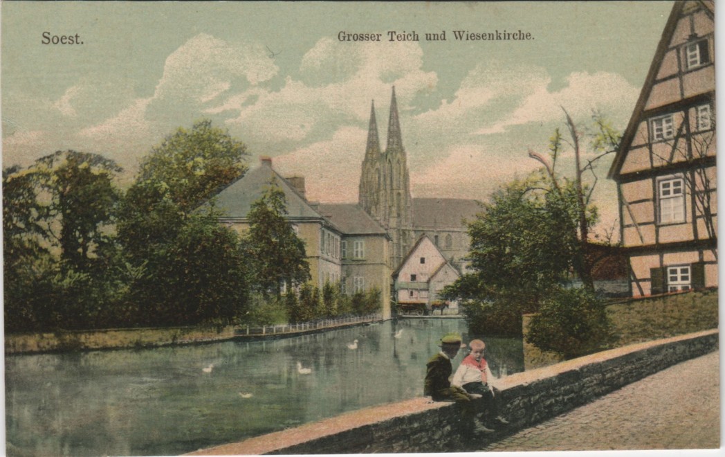 Soest Grosser Teich und Wiesenkirche, Kirche, Kinder auf Mauer 1910 Nr