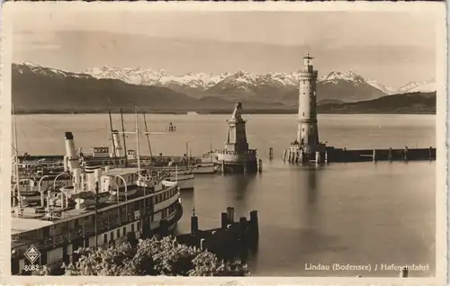 Lindau (Bodensee) Hafen Bodensee Schiff, Alpen Fernansicht 1938   gelaufen