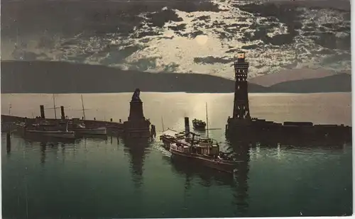 Lindau (Bodensee) Hafen Panorama-Ansicht bei Abend-Dämmerung mit Leuchtturm 1910