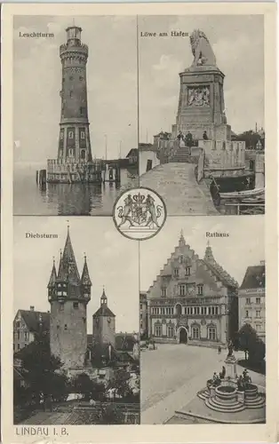 Lindau (Bodensee) Stadtteilansichten, Leuchtturm, Löwe Hafen Rathaus 1910