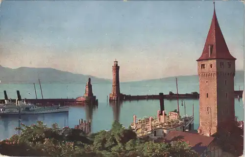 Lindau (Bodensee) Hafeneinfahrt und alter Leuchtturm Farben-Photo 1910