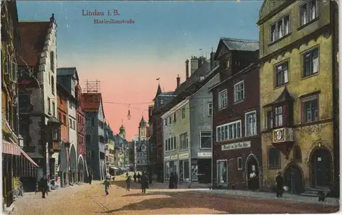 Lindau (Bodensee) Maximilianstraße belebt, Geschäftsstrasse, color Ansicht 1919