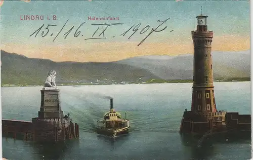 Lindau (Bodensee) Hafen Leuchtturm & Löwe a.d. Hafeneinfahrt 1907