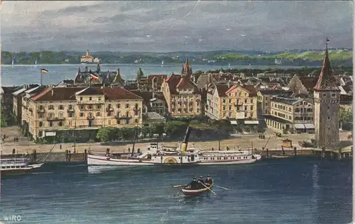 Lindau (Bodensee) WIRO Künstlerkarte Stadt Panorama mit Bodensee Schiff 1920