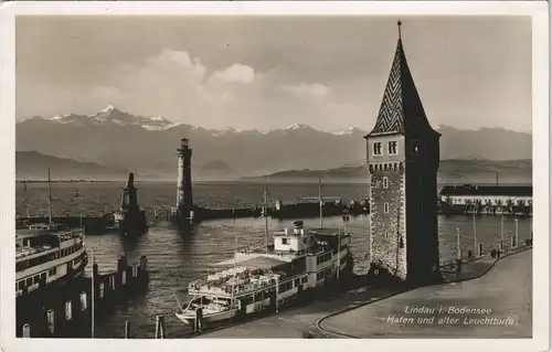 Lindau (Bodensee) Leuchtturm Hafen Bodensee Schiff Dampfer Alpen Panorama 1930