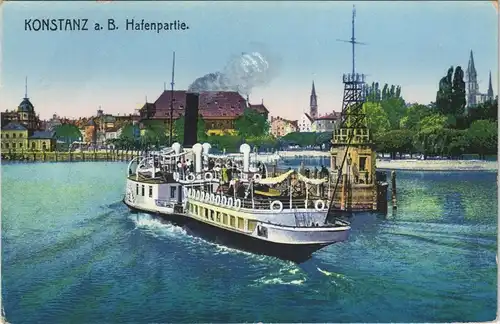 Ansichtskarte Konstanz Hafen Partie Bodensee Dampfer Fahrgastschiff 1910