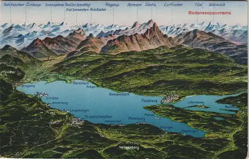 .Vorarlberg Reliefkarte Alpen (Allgemein) und Bodensee Panorama 1920