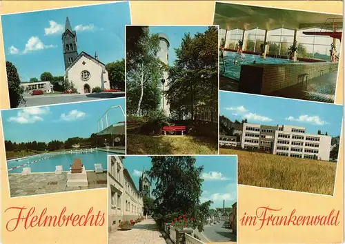 Ansichtskarte Helmbrechts MB: Kirche, Schwimmbad, Straße 1979