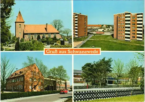 Ansichtskarte Schwanewede 4 Bild: Kirche, Hochhäuser, Schule 1979