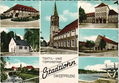 Ansichtskarte Stadtlohn Krankenhaus, Rathaus, Schule, Freibad 1968