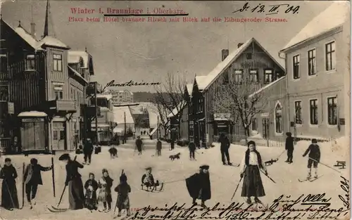 Ansichtskarte Braunlage Winterpartie Ski Schlitten Elbingeroder Strasse 1908