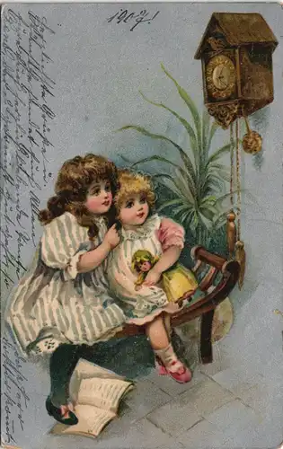 Ansichtskarte  Kinder Mädchen vor der Kukuksuhr 1908 Silber-Effekt