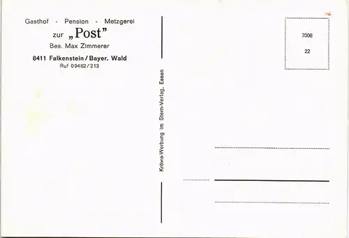 Falkenstein (Bayerischer Wald) Gasthof Pension Metzgerei Zur Post Zimmerer 1960