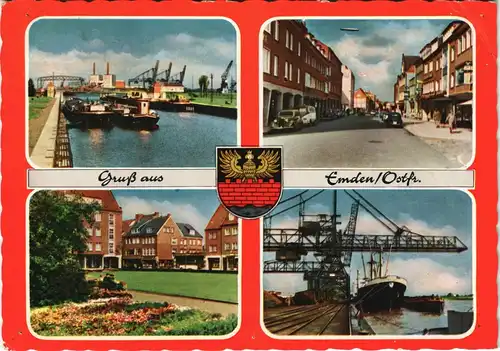 Ansichtskarte Emden 4 Bild Hafen - Kran, Straßen 1960
