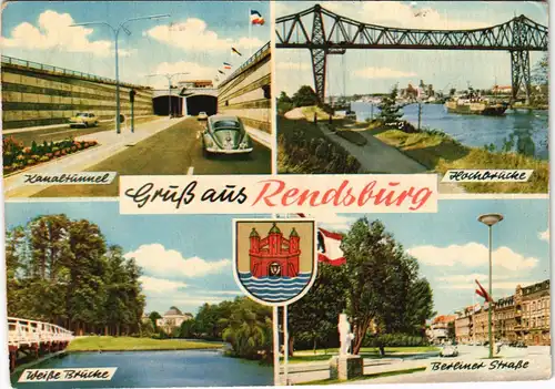Ansichtskarte Rendsburg 4 Bild: Kanaltunnel, Berliner Straße VW Käfer 1967