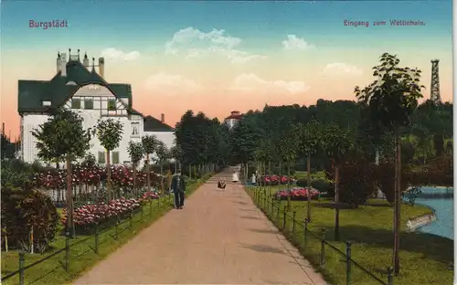 Ansichtskarte Burgstädt Straße - Eingang zum Wettinhain 1913