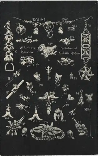 Sammelkarte Meißen Tafel mit Schmuckstücken Goldschmied W. Schwarz 1912