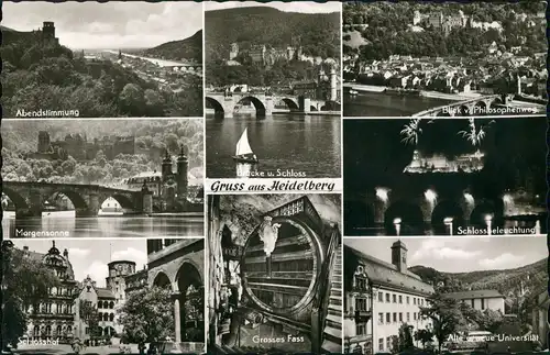 Heidelberg Stadtteilansichten Mehrbild-AK ua. Schloss, Burg, Faß uvm. 1960