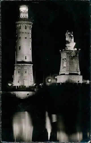 Ansichtskarte Lindau (Bodensee) Hafen Löwe Hafeneinfahrt bei Nacht 1961