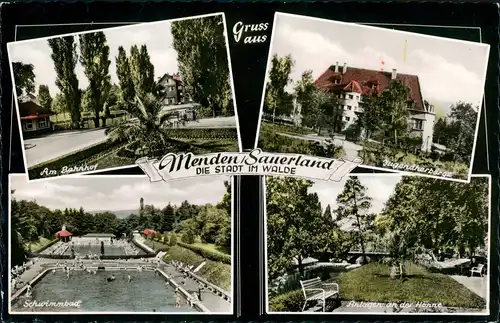 Menden (Sauerland) Mehrbild-AK mit Bahnhof, Jugendherberge, Schwimmbad 1961