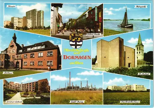 Ansichtskarte Dormagen Hochhäuser, Erdöl-Chemie-Fabrik, Straßen 1980