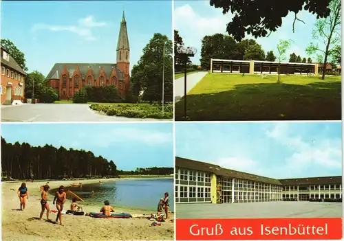 Ansichtskarte Isenbüttel 4 Bild: Kirche, Strandleben, Schule 1971