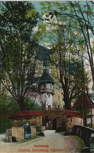 Ansichtskarte Rochsburg-Lunzenau Frau an Eingang des Schlosses 1912