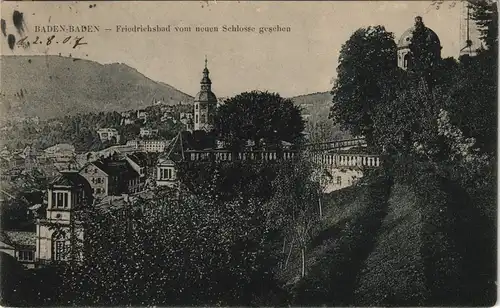 Ansichtskarte Baden-Baden Friedrichsbad vom neuen Schlosse gesehen 1907