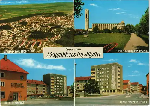 Neugablonz MB-AK Luftaufnahme, Herz-Jesu-Kirche, Markt, Gablonzer Ring 1967