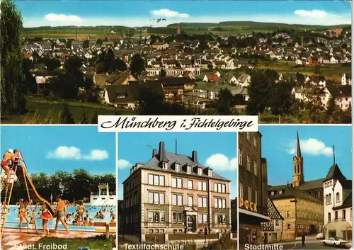 Münchberg Mehrbild-AK mit Panorama, Freibad, Textilfachschule 1979