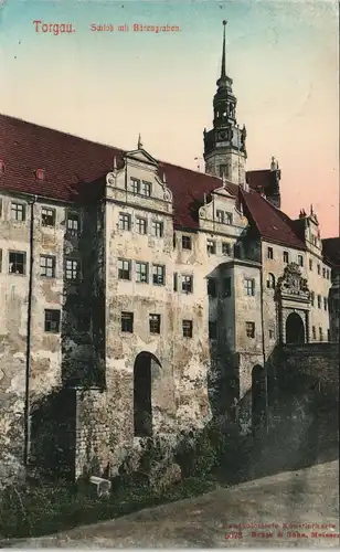 Torgau Schloss mit Bärengraben, handkolorierte Künstlerkarte 1910