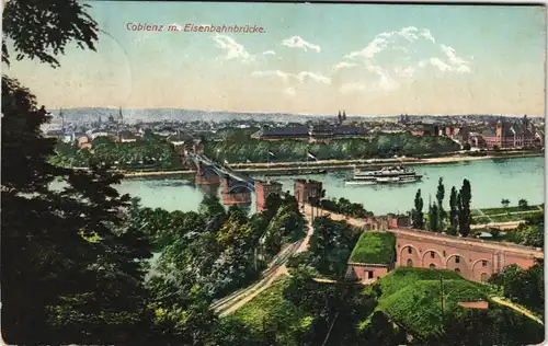 Ansichtskarte Koblenz Stadt mit Eisenbahnbrücke 1911