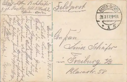 Ansichtskarte Baden-Baden Gesamtansicht - gel. Feldpost 1917