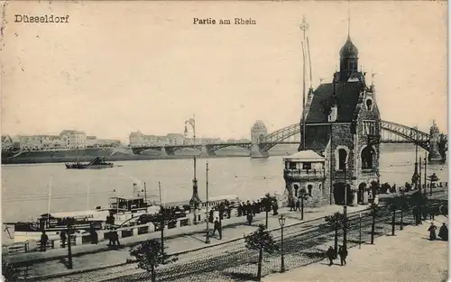 Ansichtskarte Düsseldorf Partie am Rhein, Dampfer Anleger 1908