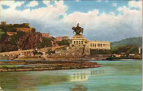 Ansichtskarte Koblenz Das deutsche Eck mit Kaiser Wilhelm - Denkmal. 1907