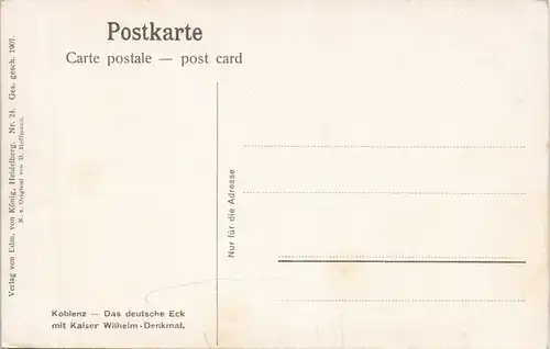 Ansichtskarte Koblenz Das deutsche Eck mit Kaiser Wilhelm - Denkmal. 1907