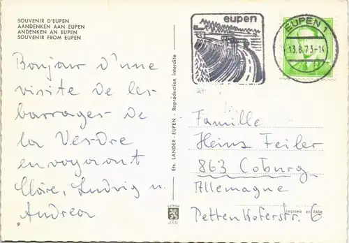 Postkaart Eupen Mehrbild-AK mit 3 Stadtteilansichten 1973