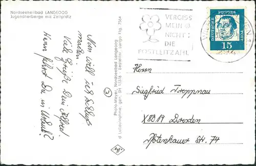 Ansichtskarte Langeoog Luftbild mit Jugendherberge u. Zeltplatz 1965