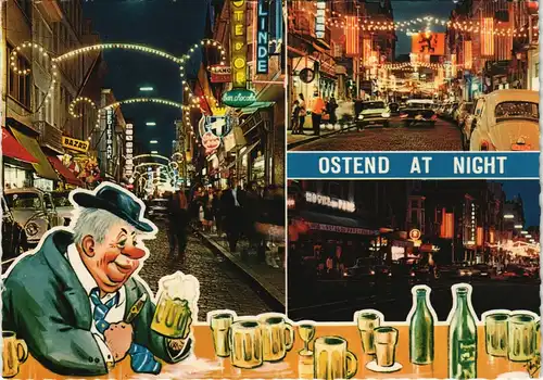 Ostende Oostende Mehrbild-AK Nacht-Ansichten, Reklame, VW Käfer, Bier 1965