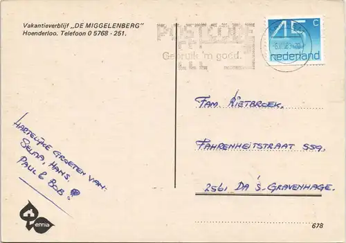 Postkaart Hoenderloo Vakantieverblijf DE MIGGELENBERG 1983