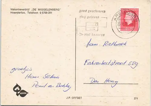 Postkaart Hoenderloo Vakantieverblijf DE MIGGELENBERG 1976