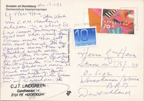 Postkaart Hoofddorp Gemeentehuis Haarlemmermeer Ortsansicht 1993