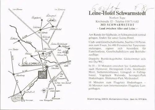 Schwarmstedt Leine-Hotel Norbert Tepe Kirchstraße Reklame-Karte 1975